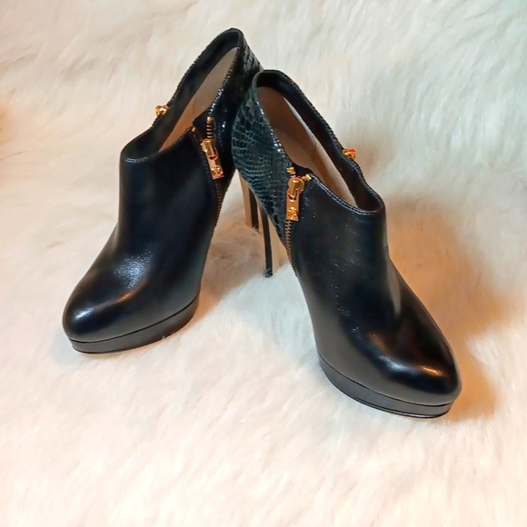 Michael Kors Black Leather and Snakeskin Print Ankle Booties - Picture 3 of 13